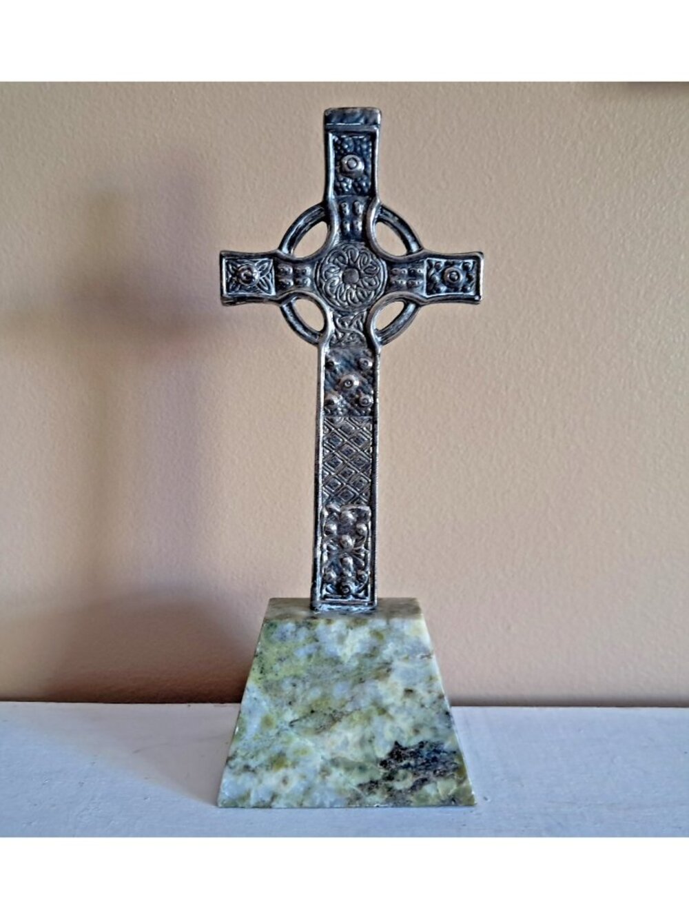 Scottish Sterling Silver Celtic Cross Mounted On Iona Marble Base-Circa 1955 8"